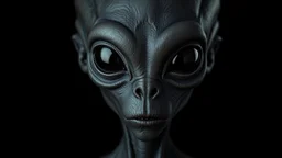 upper body shot of a super black skin alien, full head, 40 years old, looking at the camera, super big head, super big black eyes, small mouth, no ears, total black skin. photo real, hyperrealistic, high dynamic range, rich colors, lifelike textures, 8K UHD, high color depth. neutral dark background.