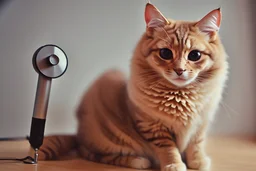 cute fluffy chibi beige cat with a giant thermometer in a modern room in sunshine