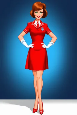 pin-up style realistic cartoon of 50 year old French chestnut haired stewardess in short and tight red uniform dress with green eyes, very red lips and long eyelashes with shiny red very high heels, white long opera gloves