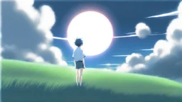 giant half transparent virtual moon, glitchy, blurry, maximum quality, centered on frame, far view, in the middle of a grassy hill, white sky with cumulonimbus, manga, makoto shinkai style