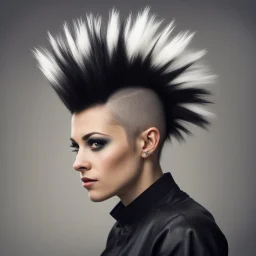 Womans Mohawk haircut cut and dyed to look like a skunk, humorous, photorealistic