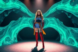 beautiful fuubody with long boots lady in sureal stage made of fractal random size sphers with helical strip colors in clothing similar to environment fullbody posing to camera