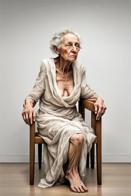 an old wrinkled woman sitting on a wooden chair, half dressed in dropped cloth, she is on display in a high end white art gallery, she is quite and no emotions, the original painting of Venus is on display on the wall, .ultra realistic photo,. highly detailed 32k, strange and weird modern art creation, surrealistic image
