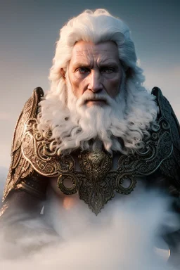 Photoreal close-up of handsome muscular old woman druid with angelic features and intricate ornate armor in the ice mountains at sunset, forgotten realms fantasy style by lee jeffries, 8k, high detail, smooth render, unreal engine 5, cinema 4d, HDR, dust effect, vivid colors