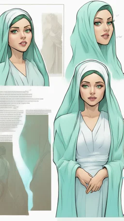 (Comic Book Art Style), (Soap Board Art Station Style), Full Body View, Full Shot, Front View, Back View, Character Design, Character Leaf, Woman Wearing Veil, Light Blue Veil, Green Eyes, Soft Highlights, Sharp Outlines, sharp shadows, 8K, high quality, solid white background, (cell shading).