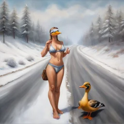 A woman in a bikini with a mallard duck head mask hitchhiking on side of road with a thumb out, ultra fine matte oil painting, hyperrealistic, beautiful composition, snow covered country landscape, long shot, dramatic,