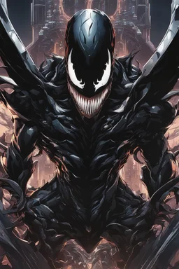 Venom mix with machine in solo leveling shadow artstyle, cyberpunk them, intricate details, highly detailed, high details, detailed portrait, masterpiece,ultra detailed,best quality
