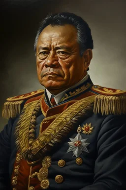 Painting portrait of Samoan formal chief young and black hair in military uniform imperial