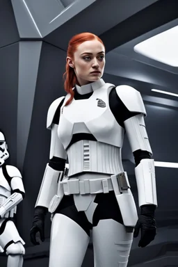 [Sophie Turner] Sophie clicked the locks on her white armor, sealing herself inside the stormtrooper uniform. As the newest recruit to the Galactic Empire's elite shock troops, her first live mission was about to begin. "Troopers, move out!" barked Commander Rax as he took point down the loading ramp. Sophie fell in with her squad mates as they swept onto the rebel starship docking bay. Silence greeted them as they advanced cautiously through the empty passageways. Something wasn't right, Sophie