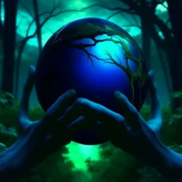 promise the world, dark green and blue colors, no hands, fantasy atmosphere, photo quality