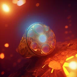 Ring made by wood roots and shreds of glass, orange diamonds sparkles, red rubi fragments around, blue lights reflexes, complex structure, gold details, intricate ring pattern,Unreal Engine 5, lens macro,sharp focus, realistic, hyper detailed, studio lighting, neon light ambient,