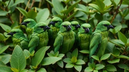 Group of birds in greenish tones with human forms that blend perfectly with a set of leafy plants.