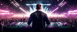 50k resolution, ultra realistic, front facing, symmetrical features, DJ Hardwell playing hardstyle techno to a large crowd
