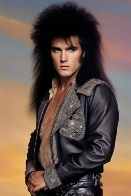 What Elvis Presley would look like if he were in a 1980s, big hair, glam rock band with long, teased up, spikey black hair, full color image,