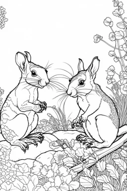 Outline art, no shading, squirrel and rat full body in the garden, cartoon style, black and white, low detail, --ar 9:11