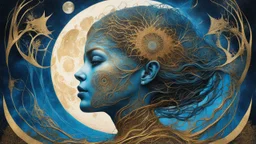 Universe, Galactic space portrait of a woman, moon, roots, inspired by architecture, crazy details and double exposure in fantasy art, gold, glitter, blue, fine art, hyper detailed main society, fine rendering, sharp drawing, vibrant colors