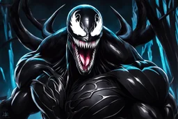 Venom Shadow symbiote in 8k realistic anime drawing style, bear them, neon ice power, dark forest, highly detailed, high details, detailed portrait, masterpiece,ultra detailed, ultra quality