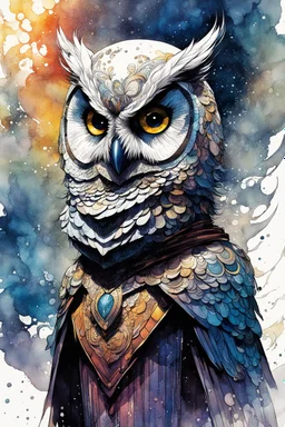 ink wash and watercolor concept illustration of a whimsical hybrid Owl girl character, ornately dressed with highly detailed feathers and facial features in the comic book style of Bill Sienkiewicz and Jean Giraud Moebius, with a fine art aesthetic, highly detailed , boldly inked, 4k UHD cinegraphic quality