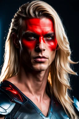 Portrait of a handsome human warrior in a skintight suit with long blond hair and red eyes