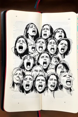 sketch line, rought, of 20faces on a pages, screaming and sad, demented, mad, journal
