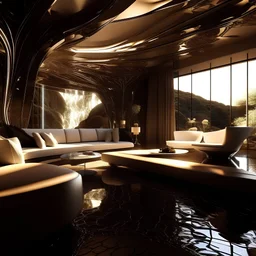 A close-up of a cave villa fully furnished with cream furniture The translucent within the fractal glows with a captivating mesmerizing dance of recursion. The sunset glow casts an otherworldly upon the sleek black chocolate glazed surface, creating an enchanting andvisual spectacle.