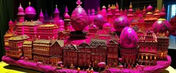 A magenta magical town made out of wood painted by Peter Carl Faberge