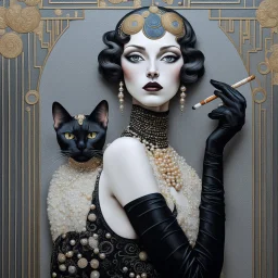 Mixed media, a tall beautiful woman with the head of a Siamese cat, wearing a black dress with pearls and long black gloves, she is holding a cigarette in a cigarette holder, background in the style of art deco Klimt, George Barbier, 3d, Bas relief, encaustic, gold leaf accents.