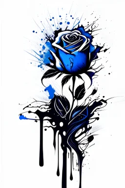 A line drawing vector with defined details black ink and a splash of blue on white background of a rose design modern for a tattoo design