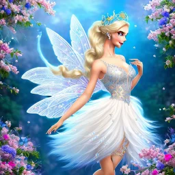 fantasy fairy with transparent wings, smiling, make up, long platinum blond hair with crown and flowers, blue dress, flowers background