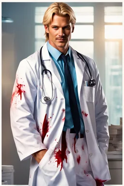 Mid-thirties, Caucasian male doctor, kind smile, blonde hair (slightly disheveled) blonde mustache, pale blue eyes, broad shoulders, muscular, six foot, Hawaiian shirt under white lab coat with bloodstains at the edges. Strong Jaw line, surrounded by shadows, photo realistic