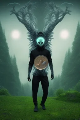 running alien portrait , black jogging suite , in the night Alps , holding leaves and coins , angels background, volumetric light, high detail, dark leaf tree, dark mountains in background, perfect, HR Giger style