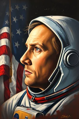 an expressive painting of Apollo 11 on the moon side view face with the American flag in the background, might see a companion with features of absolute strength and determination, blended with warmth and deep faith. Perhaps his head expresses wisdom and courage, with eyes radiating confidence and faith.