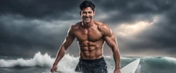 Hyper realistic very handsome shirtless muscular short black hair man smiling & surfing on sea at rainy night with thunderstorm