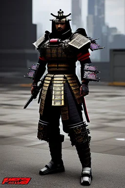 Fully armored cyberpunk samurai, photorealistic