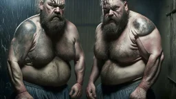 full figure shot photography of two dirty wet burly bearded wet sweaty chubby georgian prisoners angry very close, 55 years old in dirty ripped broken shorts, long beard, fight in a dark prison, dirty, ugly, bullneck, muscular, manly chest, shirtless, misery and poverty, angry eyes, big feets, photorealistic, cinematic, ultradetailed, 32k, view from the floor