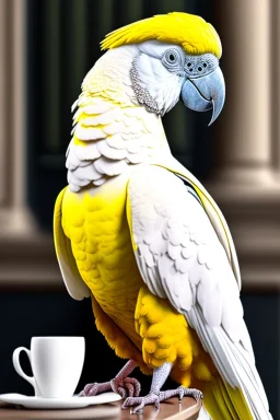 One single mature rich sulphur crested cockatoo with expensive clothes, sitting in a café on the street, Vienna, laughing, colour, model style, hyper realistic, extremely accurate, delicate, extremely detailed, Graphic novel style, wide-angle, open aperture, superfine pencil