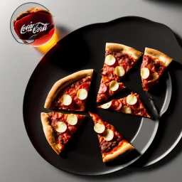 pizza on plate, coca cola glass, black background