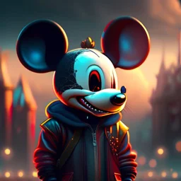 zombie mickey mouse hybrid, photorealism, movie screen capture, horror, sci-fi, retrofuturism,