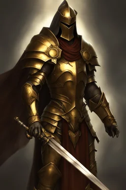 photorealistic holy knight paladin in darkly gold armor and a cape wielding a greatsword in abyss