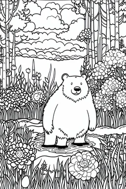 Outline art, bear in the garden, cartoon style, black and white, low detail, --ar 9:11