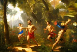 man running in colorful jungle by Caravaggio