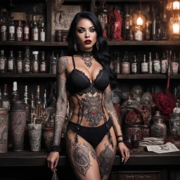 The Dark Lord's Granddaughter: Carefree Vacation with her bloody fangs, covered by tattoos and lace swimsuit with her signature sultry appearance, shops for blood in a dark, ominous curiosity shop filled with voodoo props.