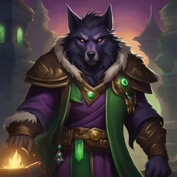 worgen from World of warcraft with green shining with fel eyes color, wears a mystical violet silver warlock cloth robe with a belt bag with scroll and raven aesthetics, dark brown graying fur on head, wild dark brown hair, chicken pox marks on face, pretentious pose of a warlock, green shining with fel eyes color, library of dark secret demonic knowledge in the background, red demon hands hold a book in front of the worgen, A chaotic demonic colors soul familiar flies next to the worgen flies o