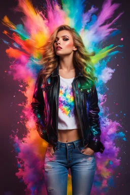 Gorgeous Realistic Photography Super Model European Beautiful young woman,hair colors rainbows as dj player with clothing abstracts flowers luxury casual latex jacket and levis jeans dressing painting art neons rainbow colors glowing in the dark and colorful details, light leaks boleh colors,Neons light background