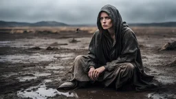 one (woman:1.1) sitting on the ground, in worn and very old clothes, negative mood, guilt, heavy rain, soft particles, in the evening, wet reflective earth, artistic image, against the background of a battlefield, closeup