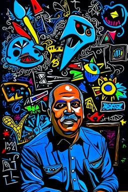 expressionism, Pixar style, in abstract art Basquiat, Picasso, Miro, Kandinsky, Klee, Birell, Fairey, Ardon, Buffet and Picasso style, HD --s 750 --v 5.1 --style raw, Acrylic colors black background