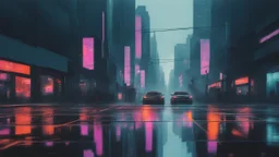 [ number ] [ adjective1 ] and [ adjective2 ] [ object ]s standing in a gloomy cyberpunk downtown kerbside in overdrive, acrylic and oil, minimalist, cinematic, dramatic, (glitch deconstruction:1.7), centered, |impressive reflections, amazing verticals, excellent parallels /