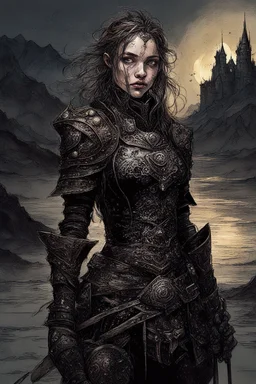 A formidable warrior girl in black armor, against the background of an amazing gloomy landscape, flooded with the light of two moons, mountains, trees, a fabulous scary landscape, juicy emotions, painting, dark fantasy, gloomy day, dark world, portrait, Gothic Town At Night, Fantasy, Intricate Details, Castle Courtyard Gardens, Hyper Detailed, Jean Baptiste Monge, Carne Griffiths, Michael Garmash, Seb Mckinnon, Masterpiece