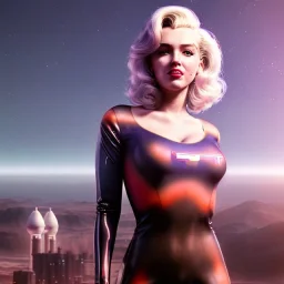 Realistic press image, retro sci-fi, portrait, waist up view, blonde woman, sweet Marylin Monroe face, perfect iris, glow eyes. tight latex tights suit. Retro Futuristic city, cars flying. epic style, vibrant color, highly detailed, unreal engine 5, ray tracing, RTX, lumen lighting, ultra detail, volumetric lighting, 3d, finely drawn, high definition, high resolution.