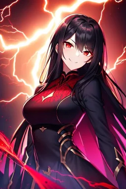 girl, masterpiece, best quality, cinematic lighting, detailed outfit, vibrant colors, perfect eyes, black hair, long hair, vibrant red eyes, lightning magic, angry, smile, evil look,